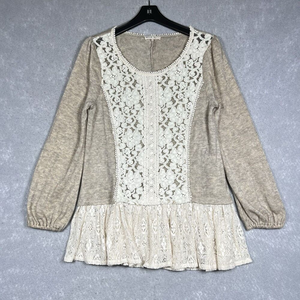 Ryn Sweater Womens Size Large White Brown Crew Neck Long Sleeve Lace